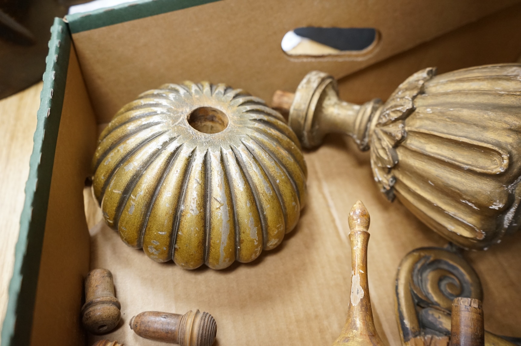A collection of giltwood and wood ornamental carvings, etc.